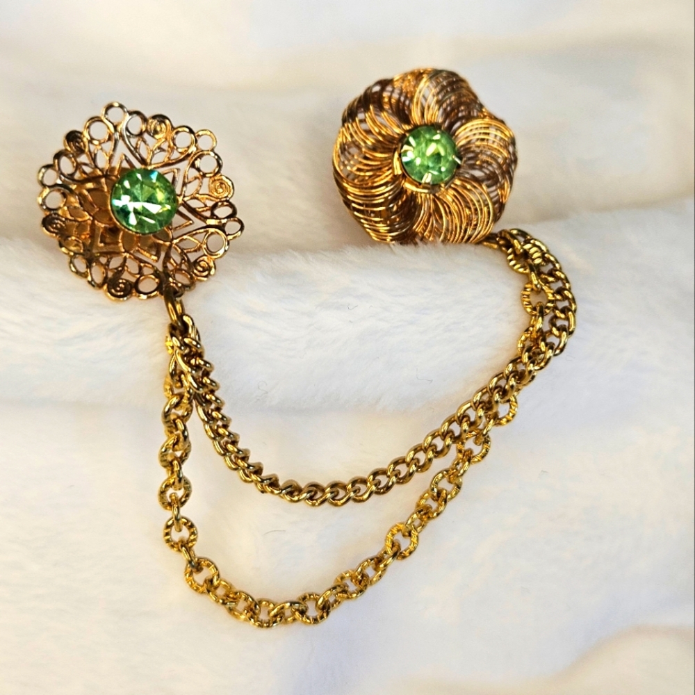 Gold tone Filigree Rhinestone Sweater Guard Pins